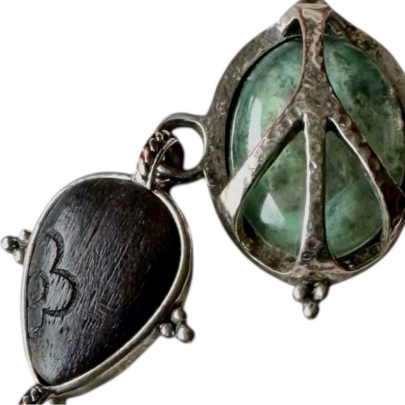 Lucky Brand Link Bracelet Faceted Carved Wood Bead Silver Peace Sign Green Stone - Picture 7 of 8